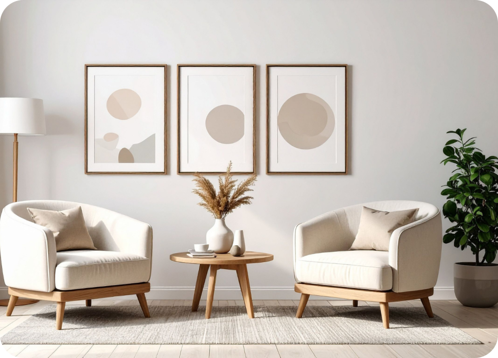 
Duas poltronas brancas, com almofadas, estão posicionadas em frente a uma parede branca com três quadros emoldurados com formas abstratas e cores neutras. Há uma pequena mesa redonda de madeira entre as poltronas, com um vaso de cerâmica. Uma planta em um vaso cinza está no canto direito e um abajur no canto esquerdo.