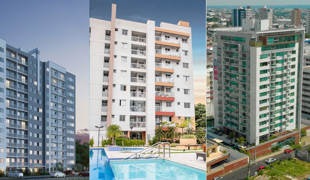 As três imagens são de edifícios de apartamentos. A primeira imagem é de um prédio residencial cinza-claro. A segunda, ao centro, mostra um prédio residencial branco, com uma piscina em primeiro plano. A terceira imagem é de um prédio alto, com a parte superior em um tom de verde, localizado em uma área urbana com outros prédios ao fundo.