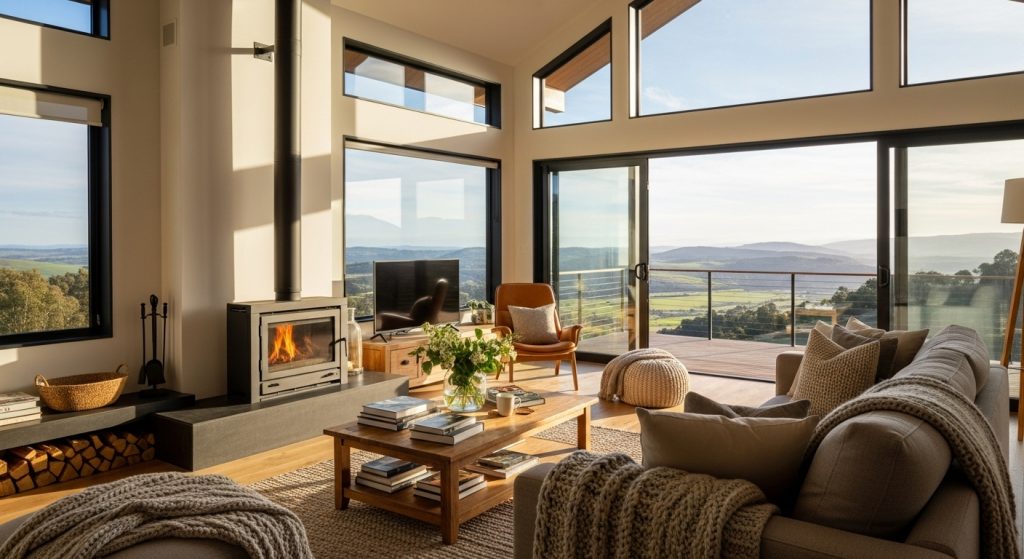 Interior de uma sala de estar luxuosa com pé-direito alto e grandes janelas de vidro que revelam uma vista panorâmica para montanhas e vales. O ambiente possui uma lareira moderna acesa, móveis em tons neutros, mantas de tricô, uma mesa de centro de madeira com livros e uma varanda espaçosa integrada.