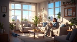 Uma sala de estar ampla e moderna banhada pela luz do sol. Uma mulher está sentada em um sofá bege, lendo um livro sob uma manta cinza. O ambiente inclui plantas verdes, uma mesa de centro de madeira com petiscos, poltronas confortáveis e grandes janelas com vista para a cidade