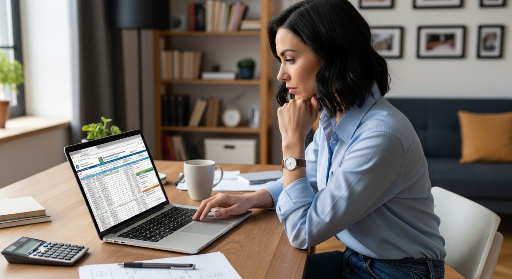 Uma mulher de camisa azul clara está sentada em um escritório doméstico, analisando atentamente uma planilha financeira complexa em seu notebook. Sobre a mesa de madeira clara, há uma calculadora preta, papéis com anotações, uma xícara de café branca e um relógio de pulso clássico. O ambiente ao fundo é composto por uma estante de livros e um sofá azul