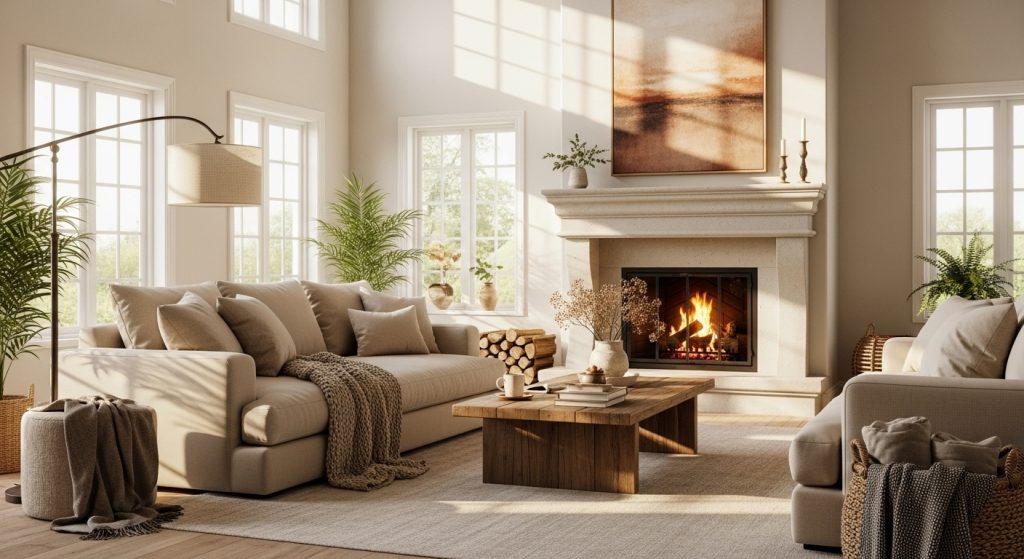 Uma sala de estar ampla e iluminada em tons de bege e creme. Há um sofá grande com mantas e almofadas, uma mesa de centro de madeira rústica e uma lareira de pedra clássica com fogo aceso. Janelas grandes mostram árvores ao fundo e a luz do sol cria sombras suaves no ambiente