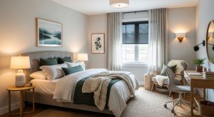 Um quarto moderno e iluminado com decoração em tons de bege, branco e verde musgo. A cama está arrumada com várias camadas de mantas e almofadas, transmitindo máximo conforto. Ao lado, uma escrivaninha de madeira com uma cadeira de escritório ergonômica cria um espaço de home office integrado. A iluminação suave das luminárias de mesa cria uma atmosfera relaxante e organizada.