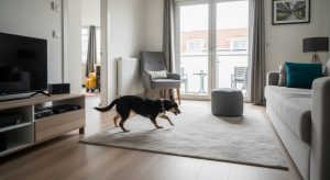 Interior de uma sala de estar moderna e iluminada com piso de madeira clara. O ambiente conta com um sofá cinza, poltrona de leitura, rack de TV em tons pastéis e uma grande porta de vidro que dá acesso à varanda. No centro, um cachorro de pequeno porte caminha sobre um tapete felpudo cinza, transmitindo uma sensação de conforto e lar.